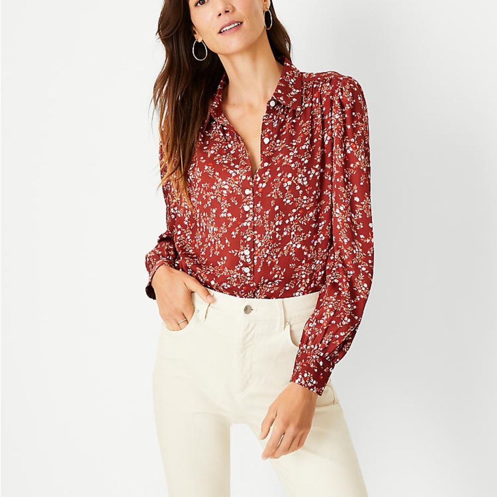 Ann Taylor Floral Shirred Blouse, Size Large